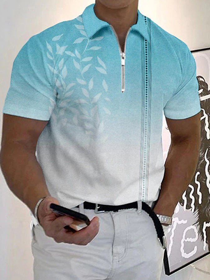 Men's Casual Zip Polo Shirt with Print for Summer