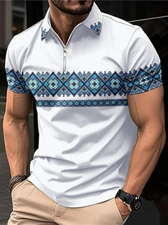 Men's Casual Zip Polo Shirt with Print for Summer