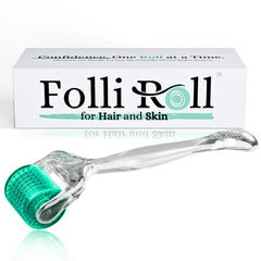 FolliRoll Derma Roller for HAIR and SKIN - for Face and Scalp Derma Stamp 192 Titanium Individual Microneedles | FREE Storage Case | for Men and Women (Green 0.30mm)