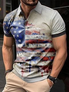 Men's Casual Zip Polo Shirt with Print for Summer